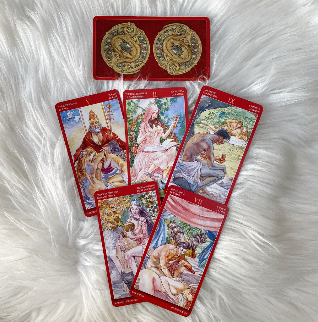 Tarot of Sexual Magic deck, featuring intricate artwork and symbolic imagery
